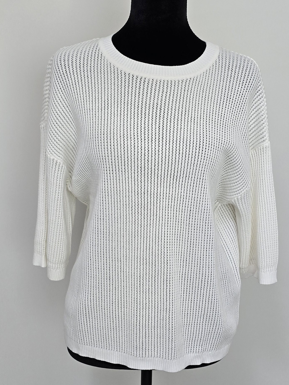 White Open-Knit Crewneck Sweater